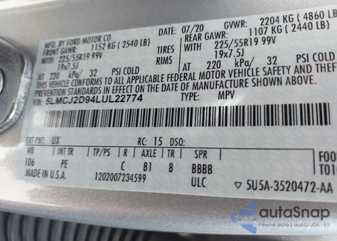 2020 Lincoln Corsair Reserve z USA, uszkodzony, nr VIN 5LMCJ2D94LUL22774